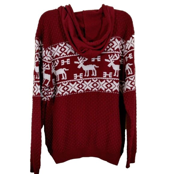 Women Red Burgundy Red Hooded Sweater Winter Christmas Holiday Deer Pullover - Picture 2 of 5